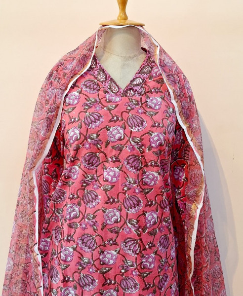 PEACH PRINTED COTTON SUIT PANT AND DUPATTA SET