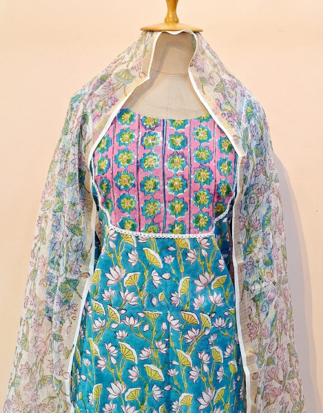 GREENISH BLUE PRINTED COTTON SUIT PANT AND DUPATTA SET