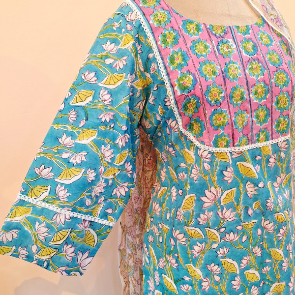 GREENISH BLUE PRINTED COTTON SUIT PANT AND DUPATTA SET