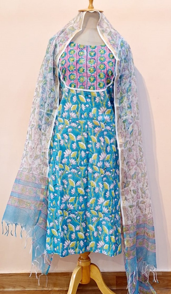 Image of GREENISH BLUE PRINTED COTTON SUIT PANT AND DUPATTA SET