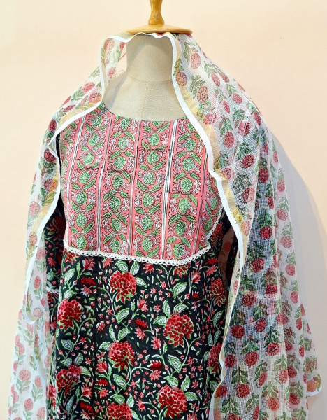 BLACK PRINTED COTTON SUIT PANT AND DUPATTA SET