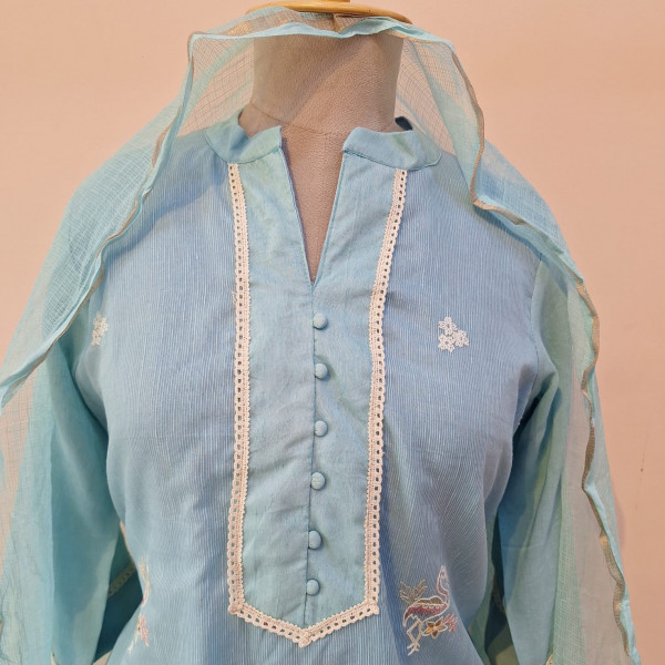 AQUA BLUE PRINTED DORIYA SUIT PANT AND DUPATTA SET