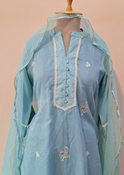 AQUA BLUE PRINTED DORIYA SUIT PANT AND DUPATTA SET