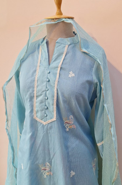 AQUA BLUE PRINTED DORIYA SUIT PANT AND DUPATTA SET