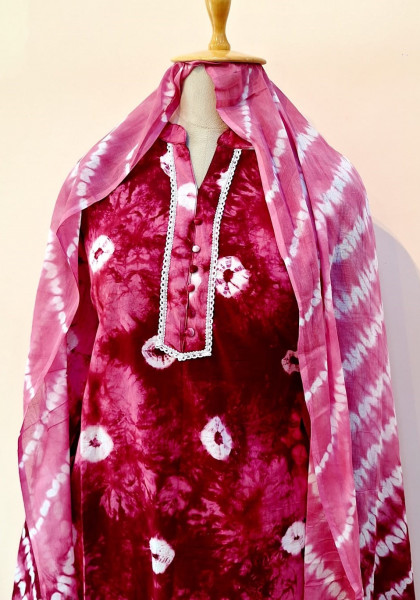 LIGHT PINK AND MAROON SHIBORI PRINTED COTTON SUIT PANT AND DUPATTA SET