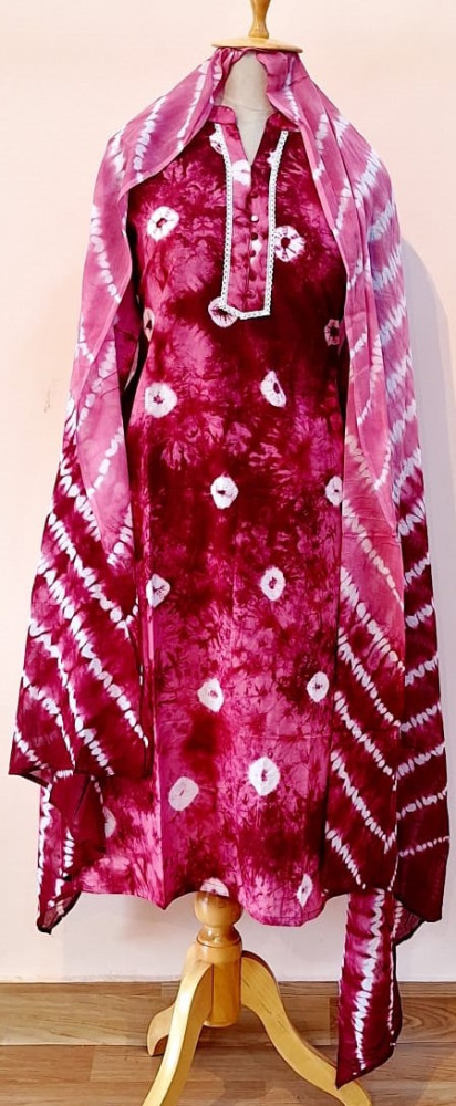 Image of LIGHT PINK AND MAROON SHIBORI PRINTED COTTON SUIT PANT AND DUPATTA SET