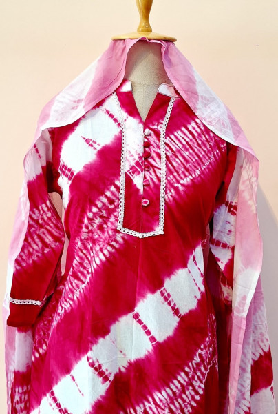 RANI PINK SHIBORI PRINTED COTTON SUIT PANT AND DUPATTA SET