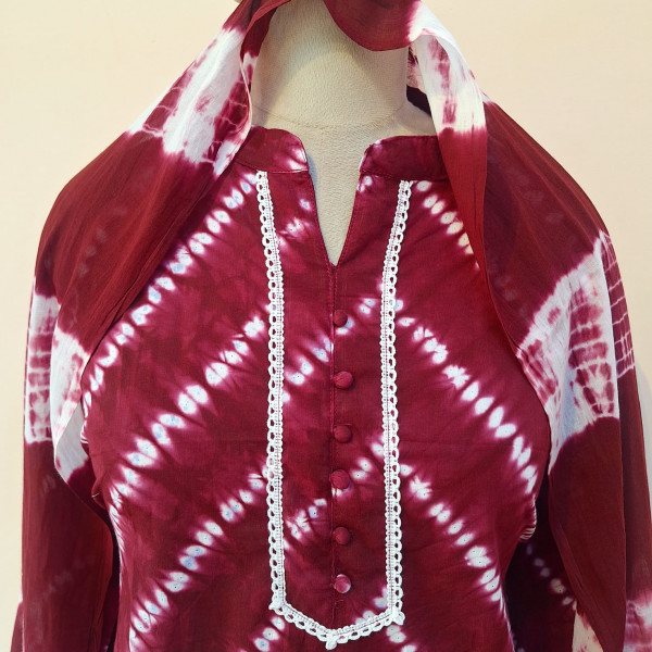 MAROON CHIFFON SHIBORI PRINTED COTTON SUIT PANT AND DUPATTA SET