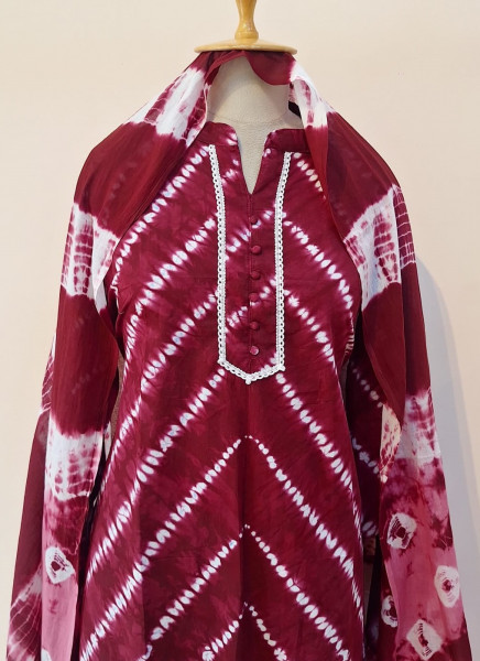 MAROON CHIFFON SHIBORI PRINTED COTTON SUIT PANT AND DUPATTA SET