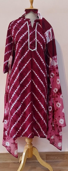 MAROON CHIFFON SHIBORI PRINTED COTTON SUIT PANT AND DUPATTA SET