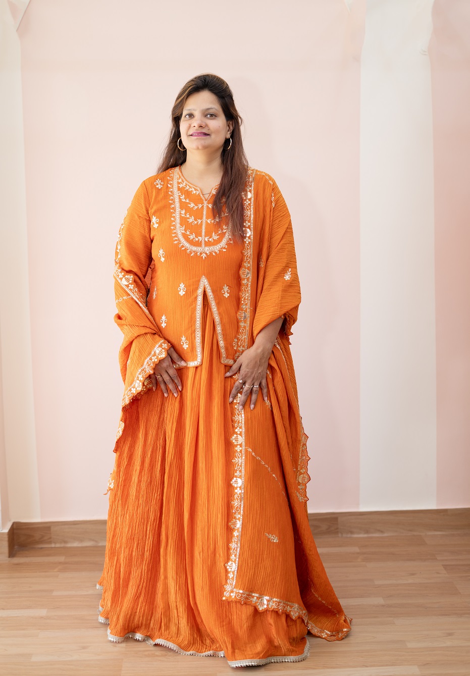RUST ORANGE CRUSH TISSUE HANDWORK SHORT KURTI SKIRT AND DUPPTTA