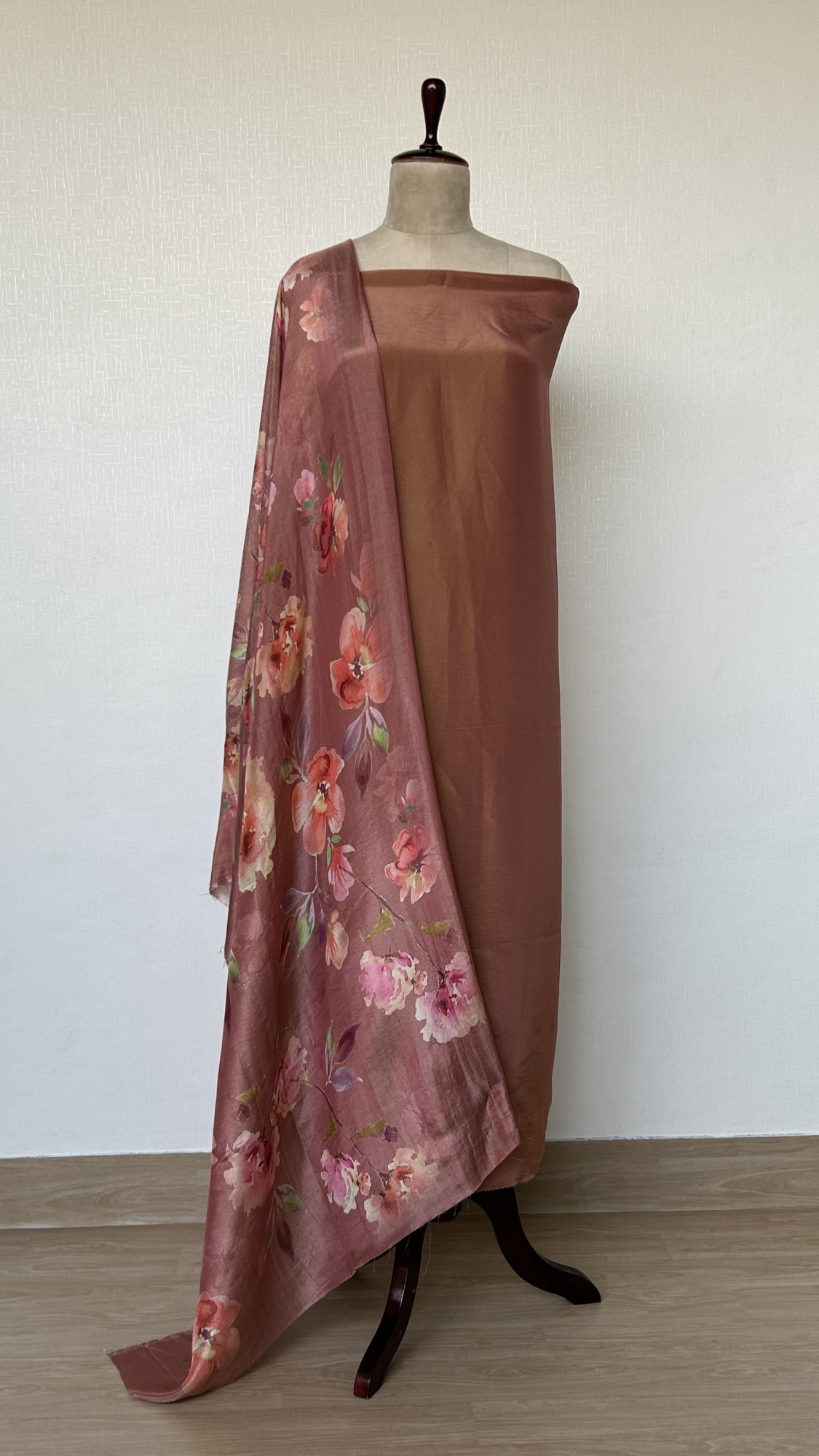 Elegant Deep Salmon Unstitched Suit Set with Digitally Printed Dupatta