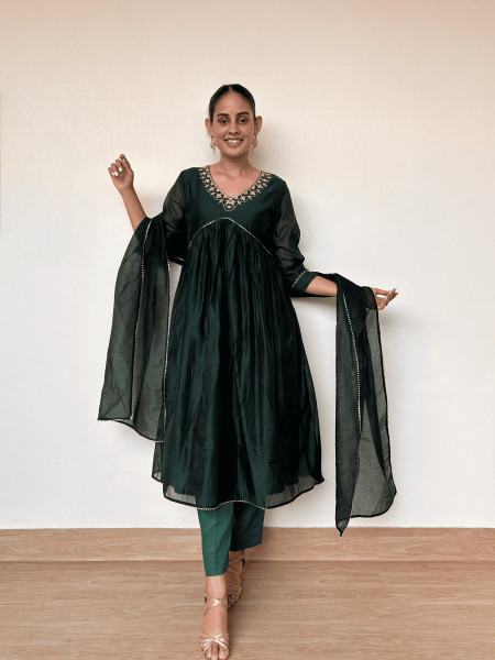 Bottle Green Chanderi Suit Set with Gota Patti Embroidery