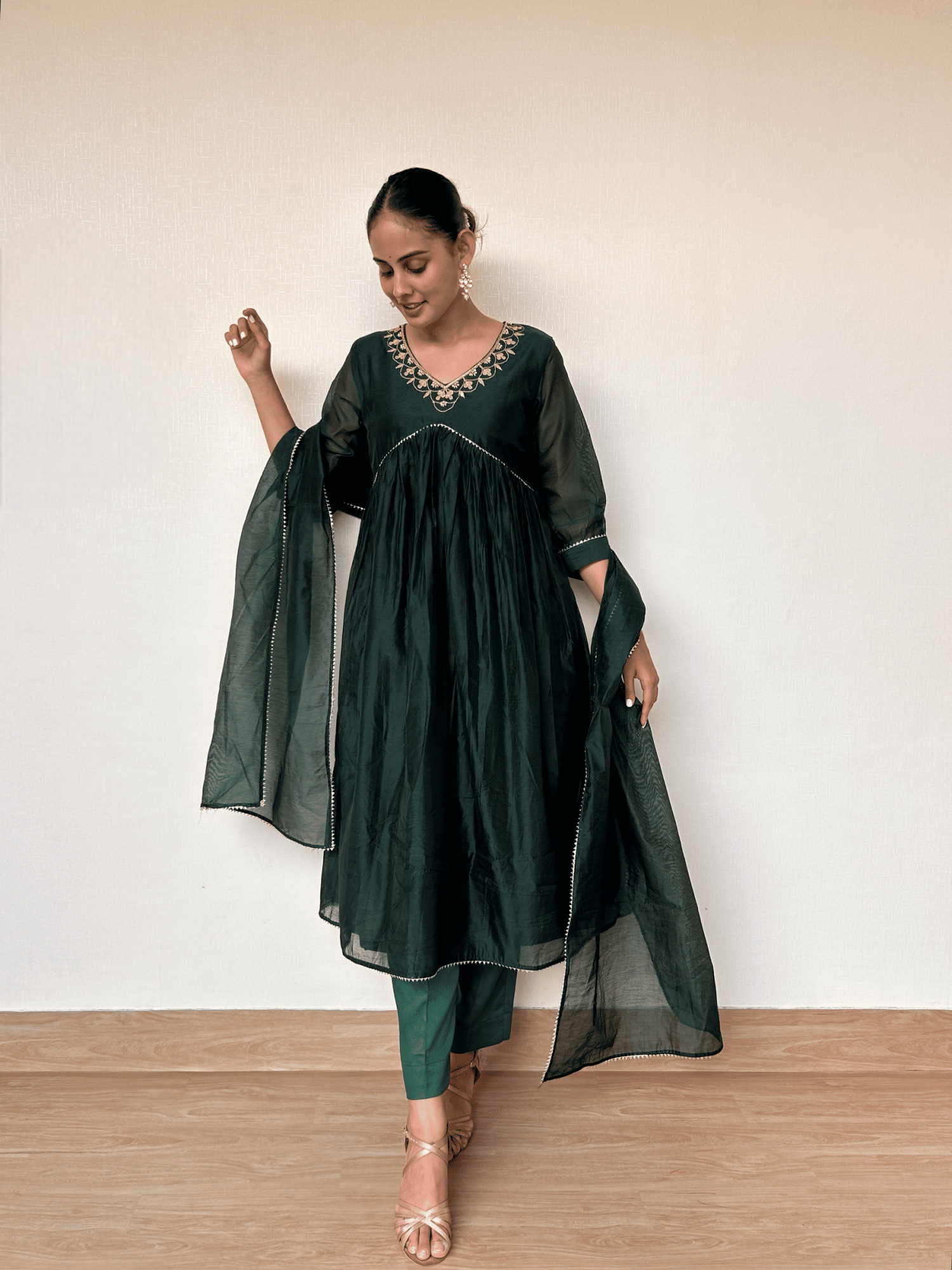 Bottle Green Chanderi Suit Set with Gota Patti Embroidery