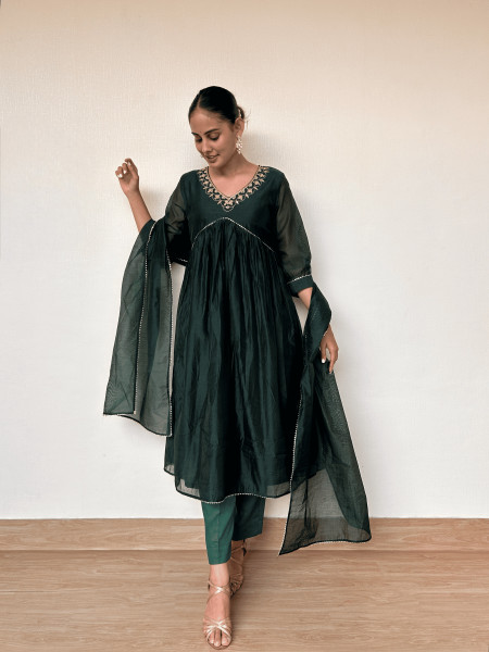 Bottle Green Chanderi Suit Set with Gota Patti Embroidery