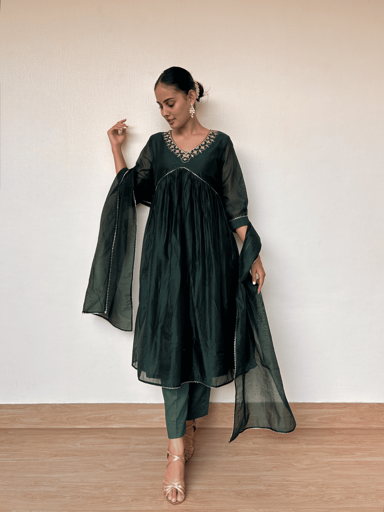 Bottle Green Chanderi Suit Set with Gota Patti Embroidery