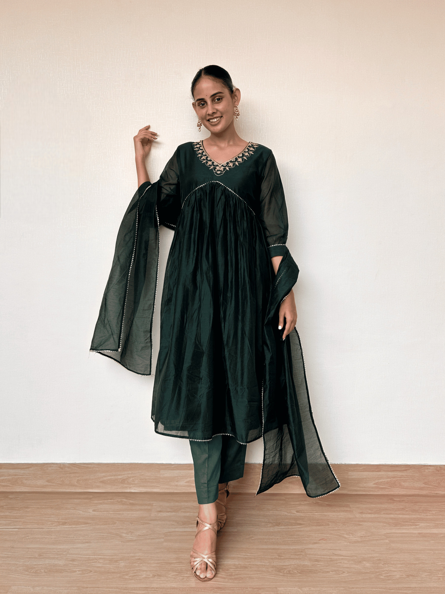 Bottle Green Chanderi Suit Set with Gota Patti Embroidery