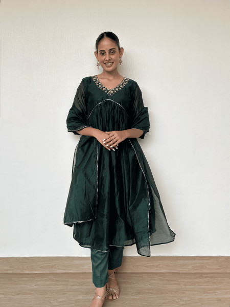 Bottle Green Chanderi Suit Set with Gota Patti Embroidery