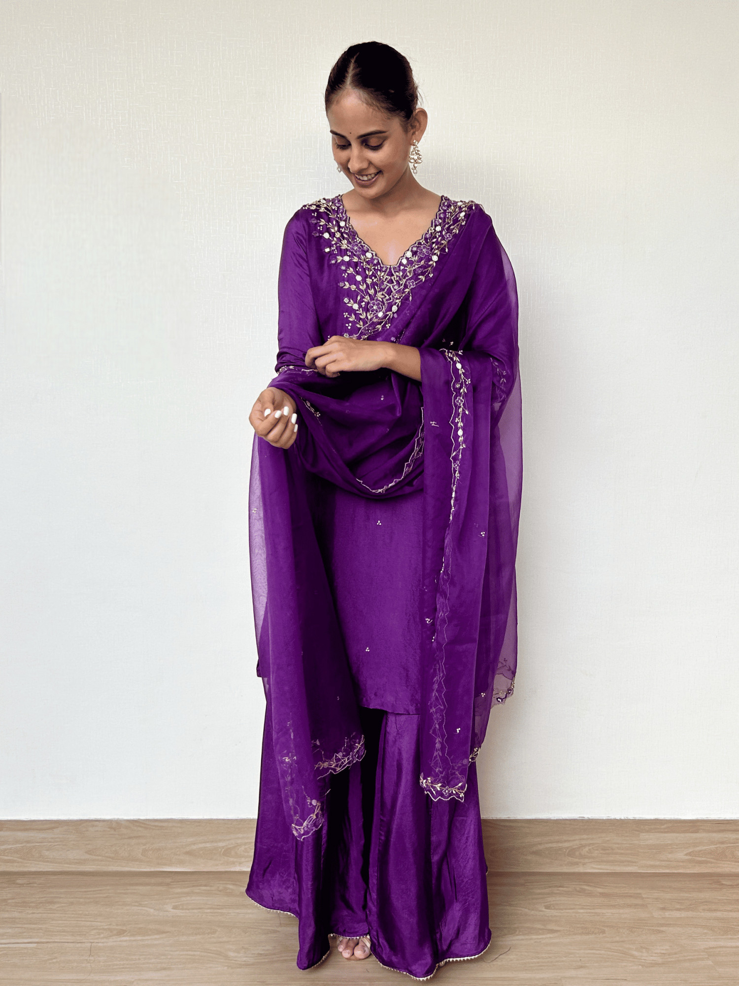 Royal Purple Silk Suit Set with Intricate Handwork