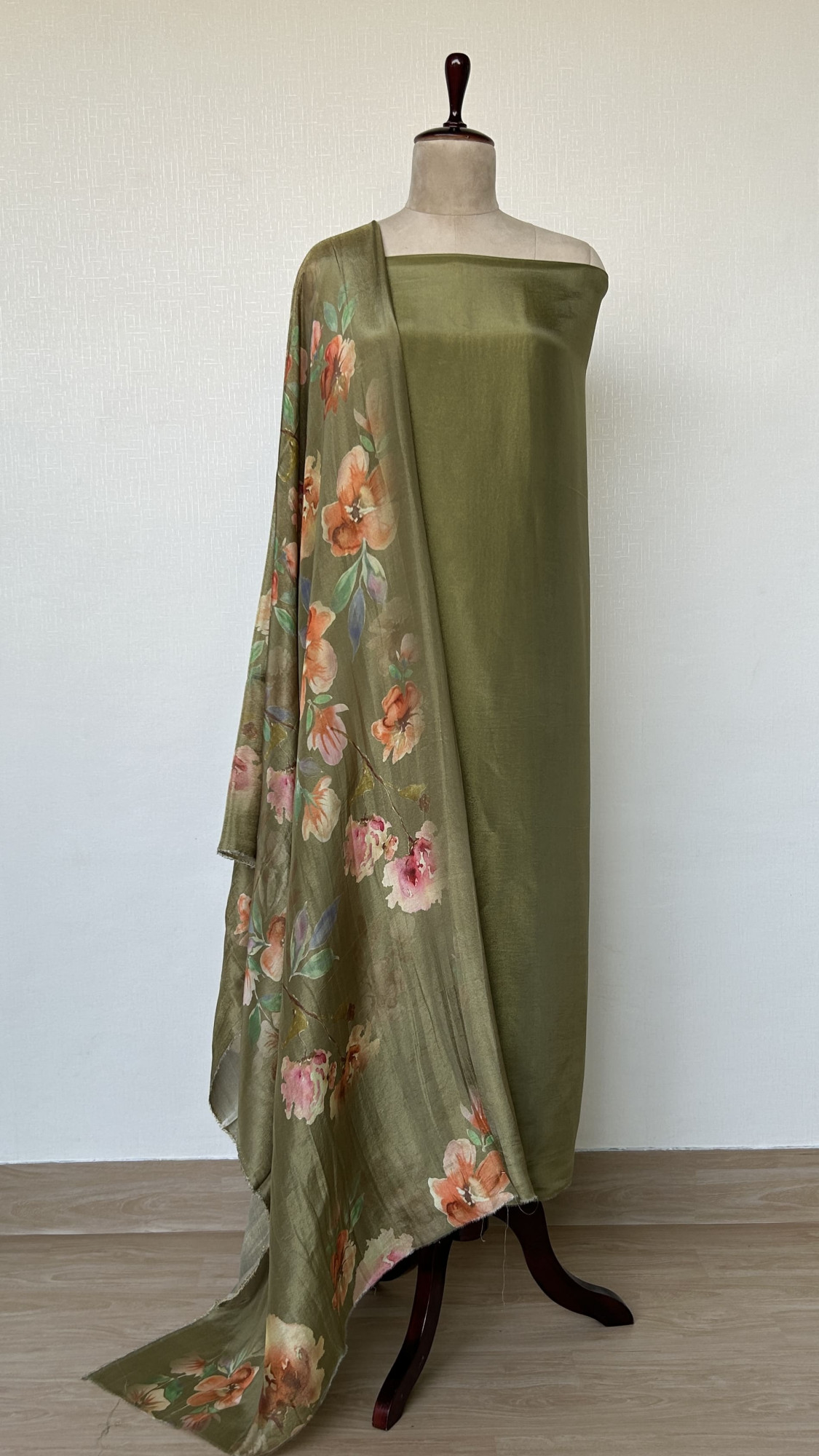 Elegant Olive Green Unstitched Suit Set with Digitally Printed Dupatta