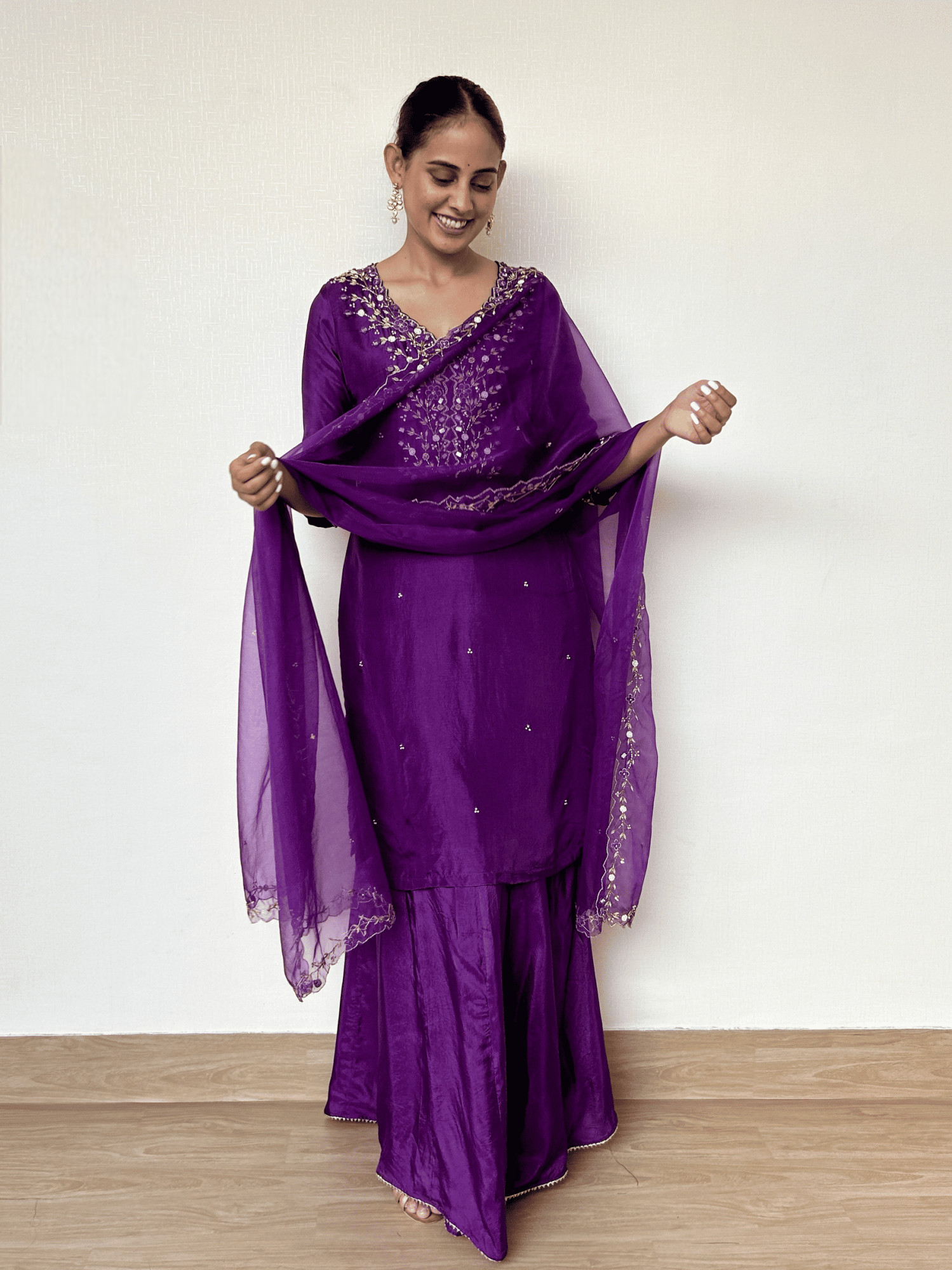 Royal Purple Silk Suit Set with Intricate Handwork