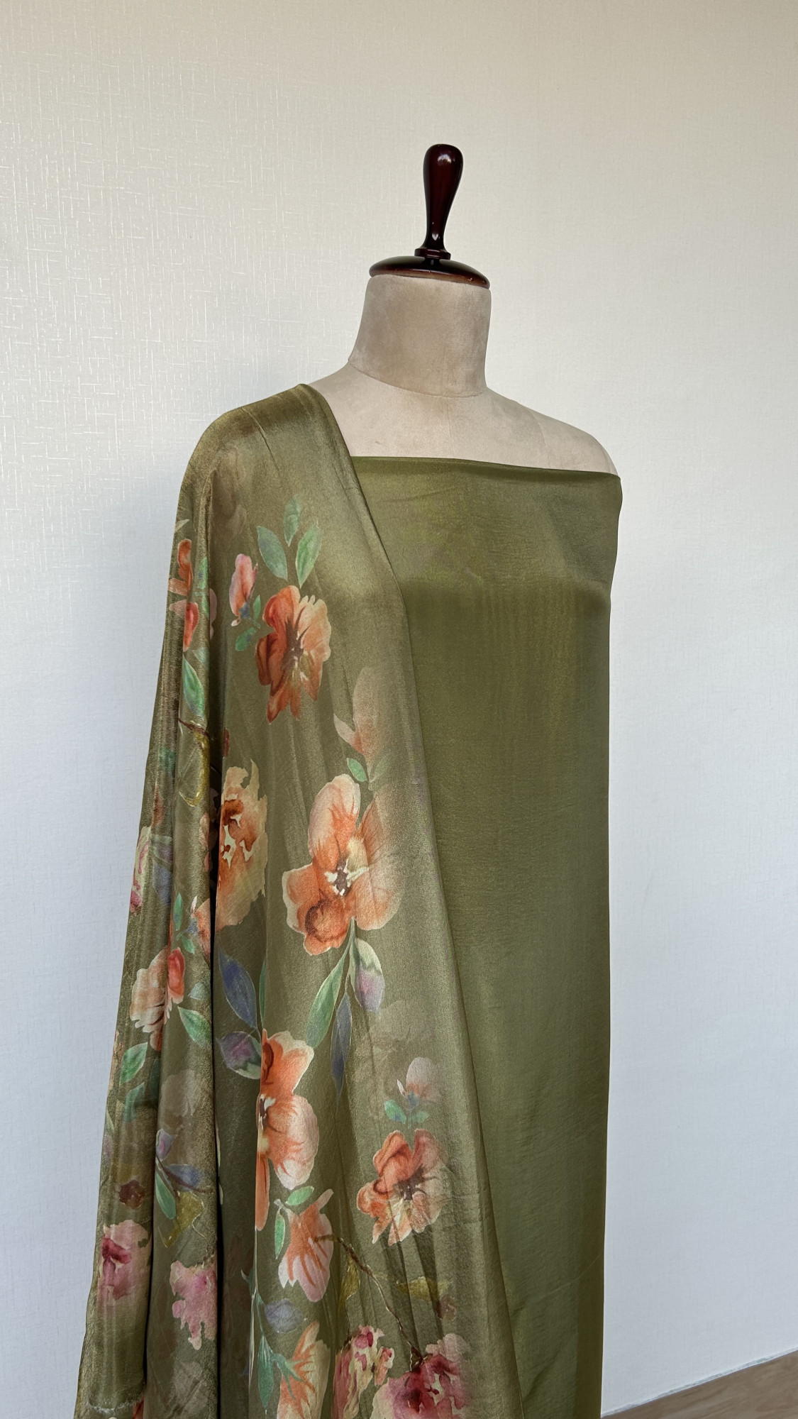 Elegant Olive Green Unstitched Suit Set with Digitally Printed Dupatta