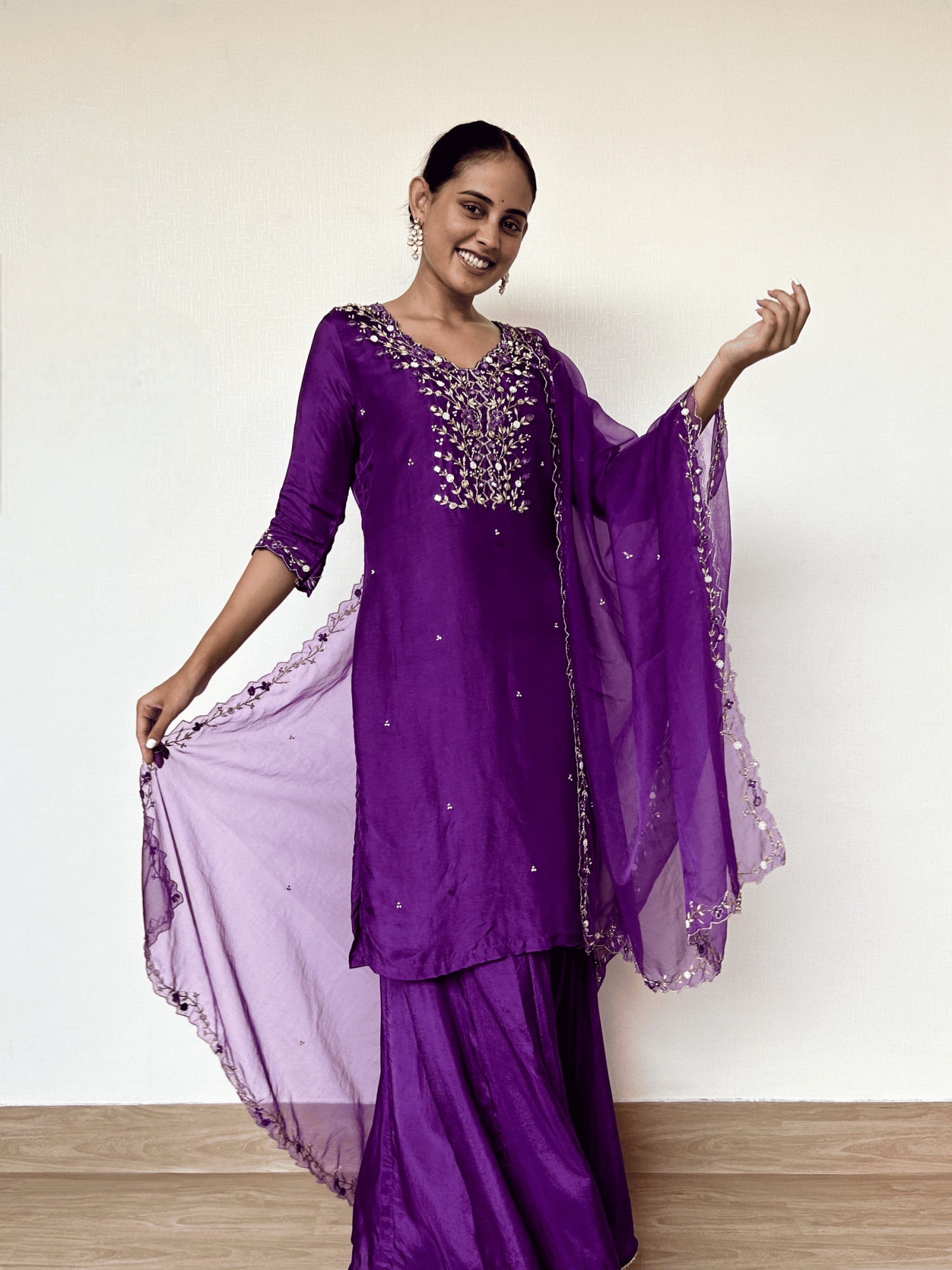 Royal Purple Silk Suit Set with Intricate Handwork