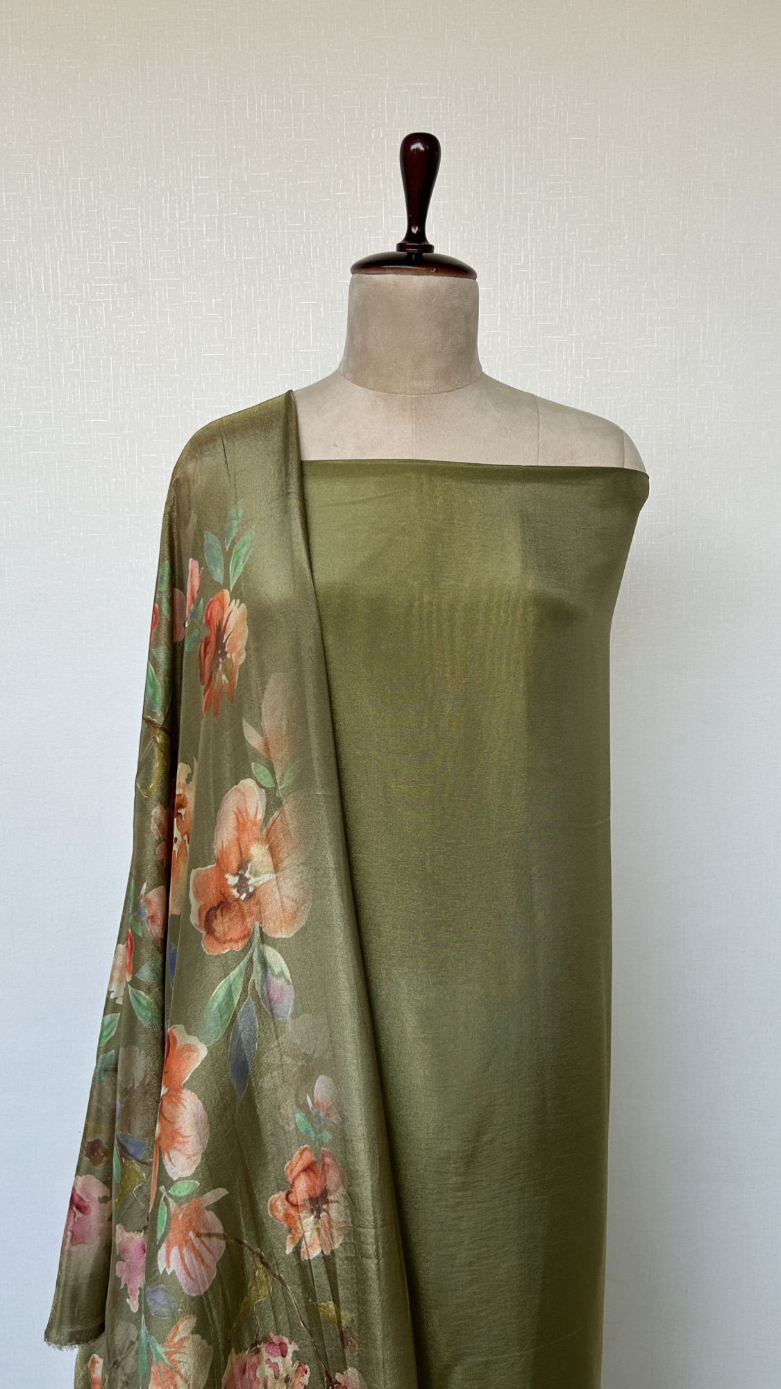 Elegant Olive Green Unstitched Suit Set with Digitally Printed Dupatta