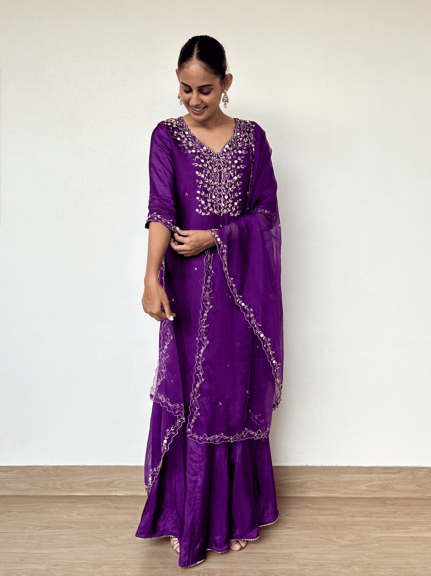 Royal Purple Silk Suit Set with Intricate Handwork