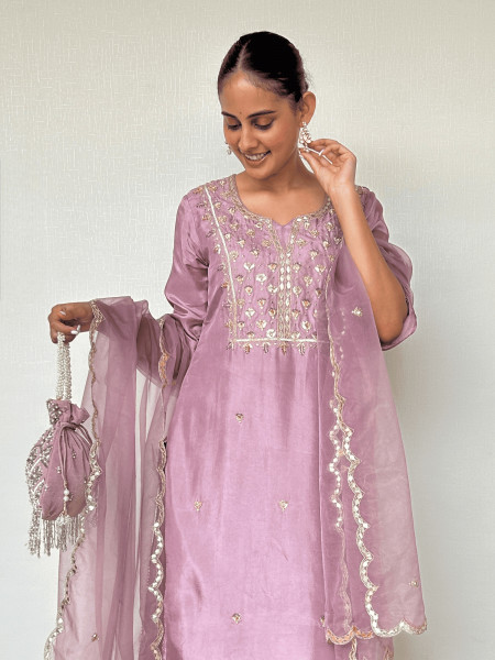 Mauve Silk Kurta and Palazzo Set with Gota Patti Embroidery