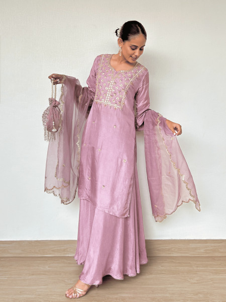 Mauve Silk Kurta and Palazzo Set with Gota Patti Embroidery