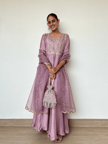 Mauve Silk Kurta and Palazzo Set with Gota Patti Embroidery