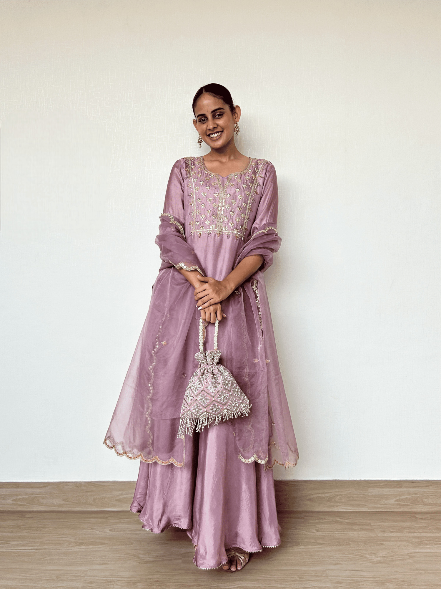 Mauve Silk Kurta and Palazzo Set with Gota Patti Embroidery
