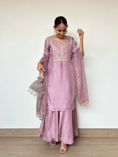 Mauve Silk Kurta and Palazzo Set with Gota Patti Embroidery
