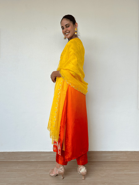 Ombre Yellow-Orange Zardozi Silk Suit Set