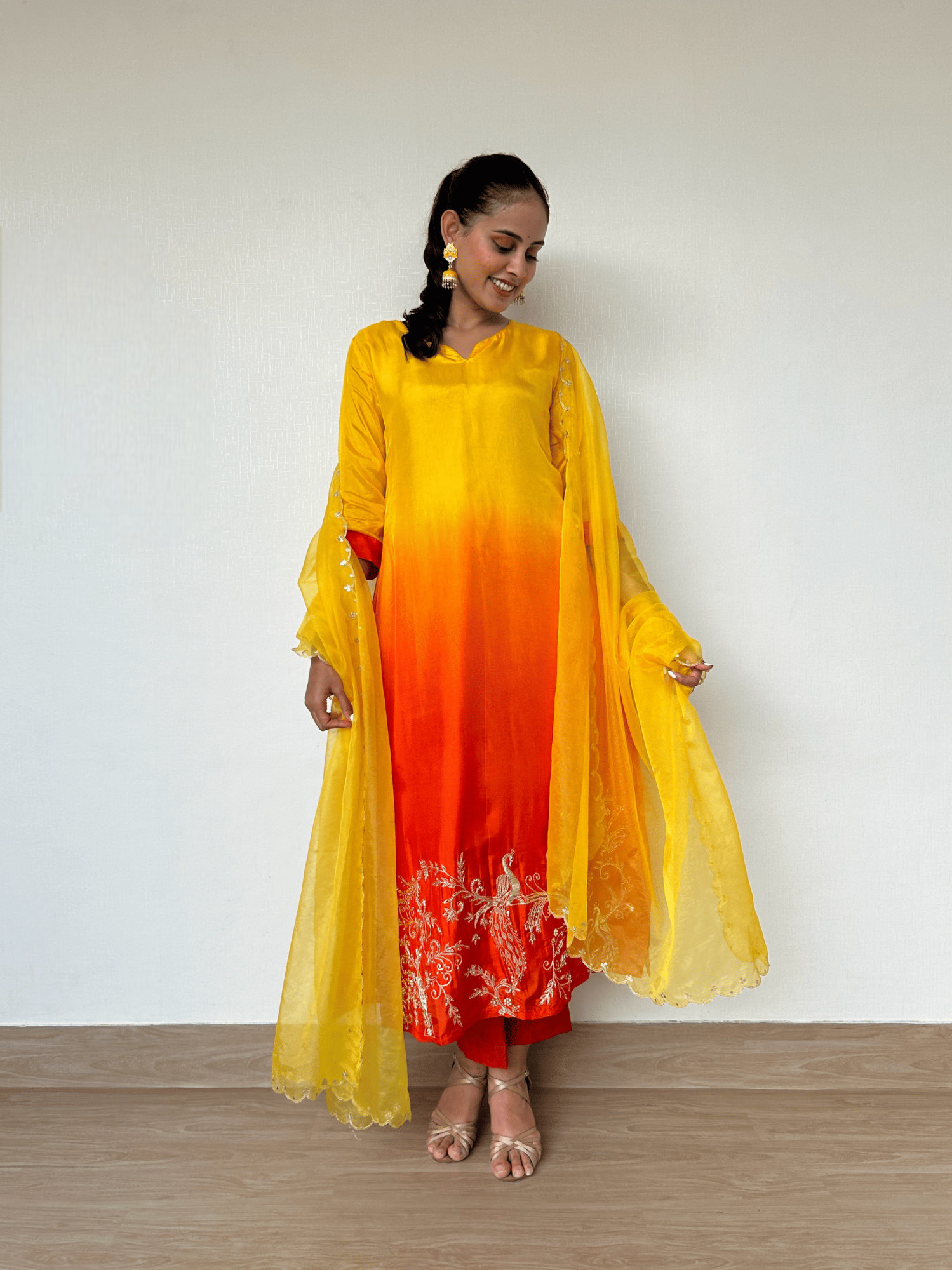 Ombre Yellow-Orange Zardozi Silk Suit Set