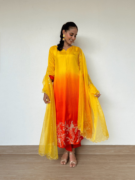 Ombre Yellow-Orange Zardozi Silk Suit Set