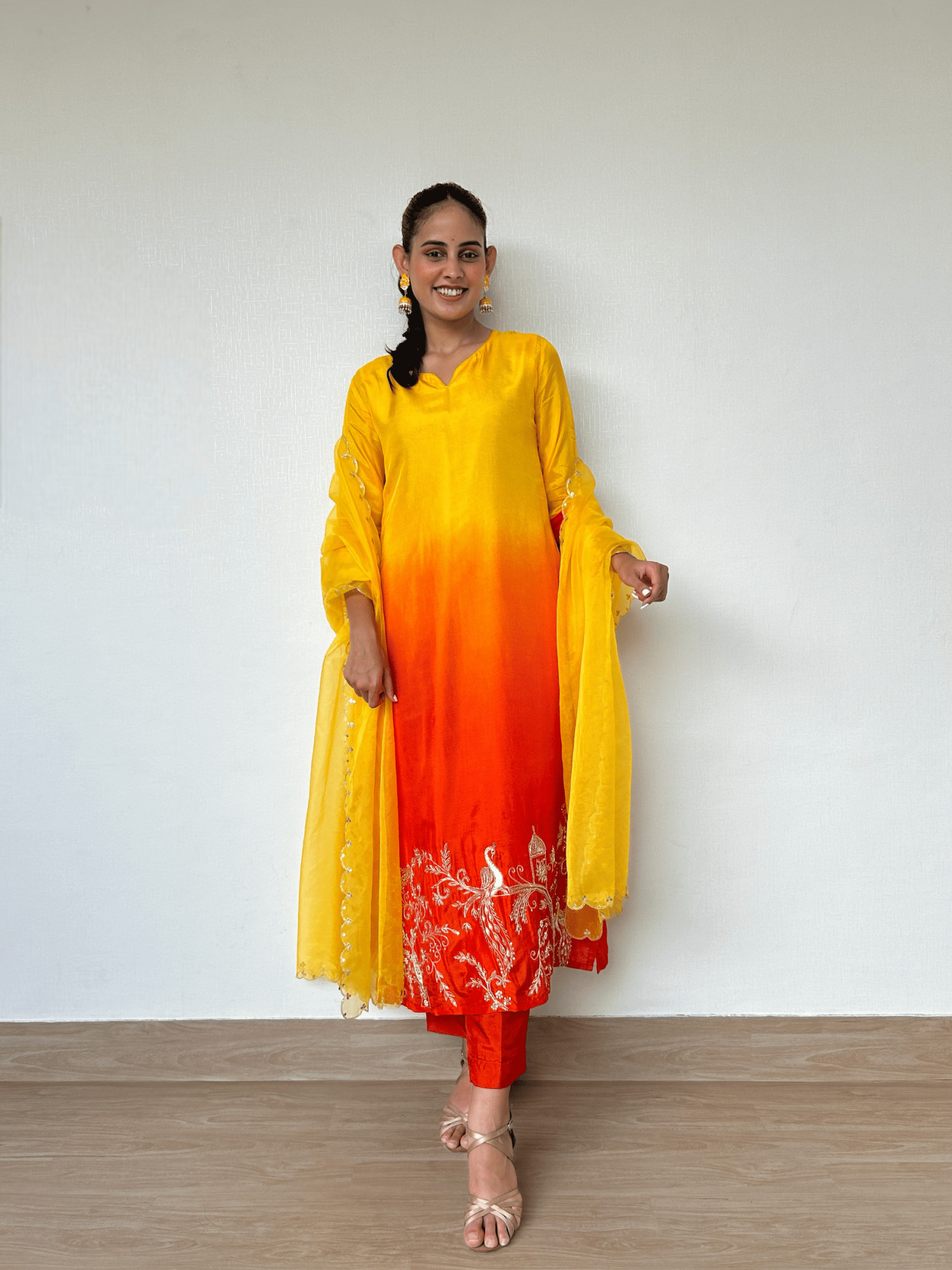 Ombre Yellow-Orange Zardozi Silk Suit Set