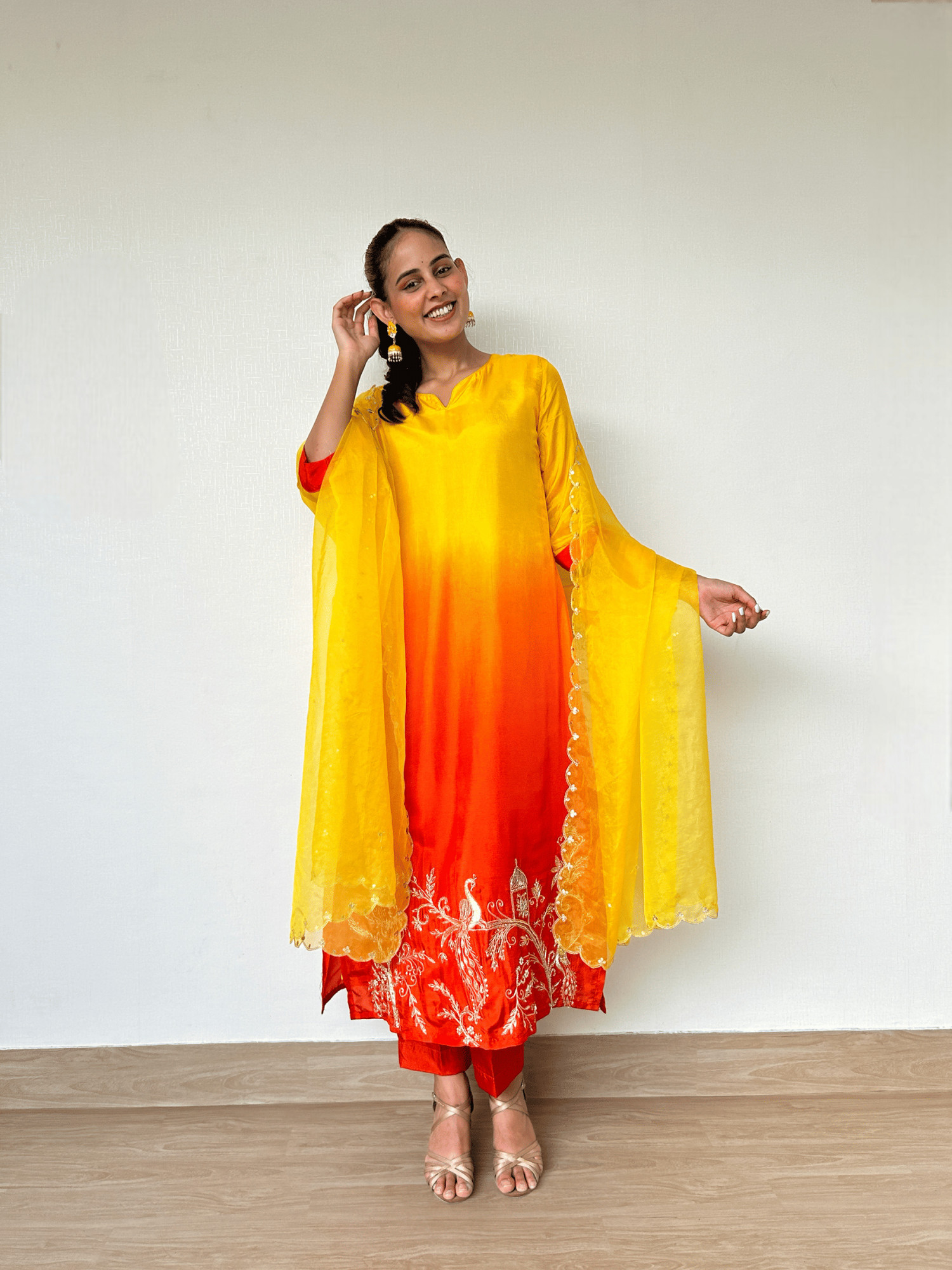 Ombre Yellow-Orange Zardozi Silk Suit Set