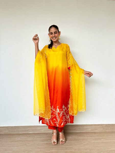 Ombre Yellow-Orange Zardozi Silk Suit Set