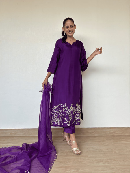 Royal Purple Silk Suit Set with Peacock Embroidery