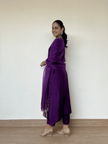 Royal Purple Silk Suit Set with Peacock Embroidery