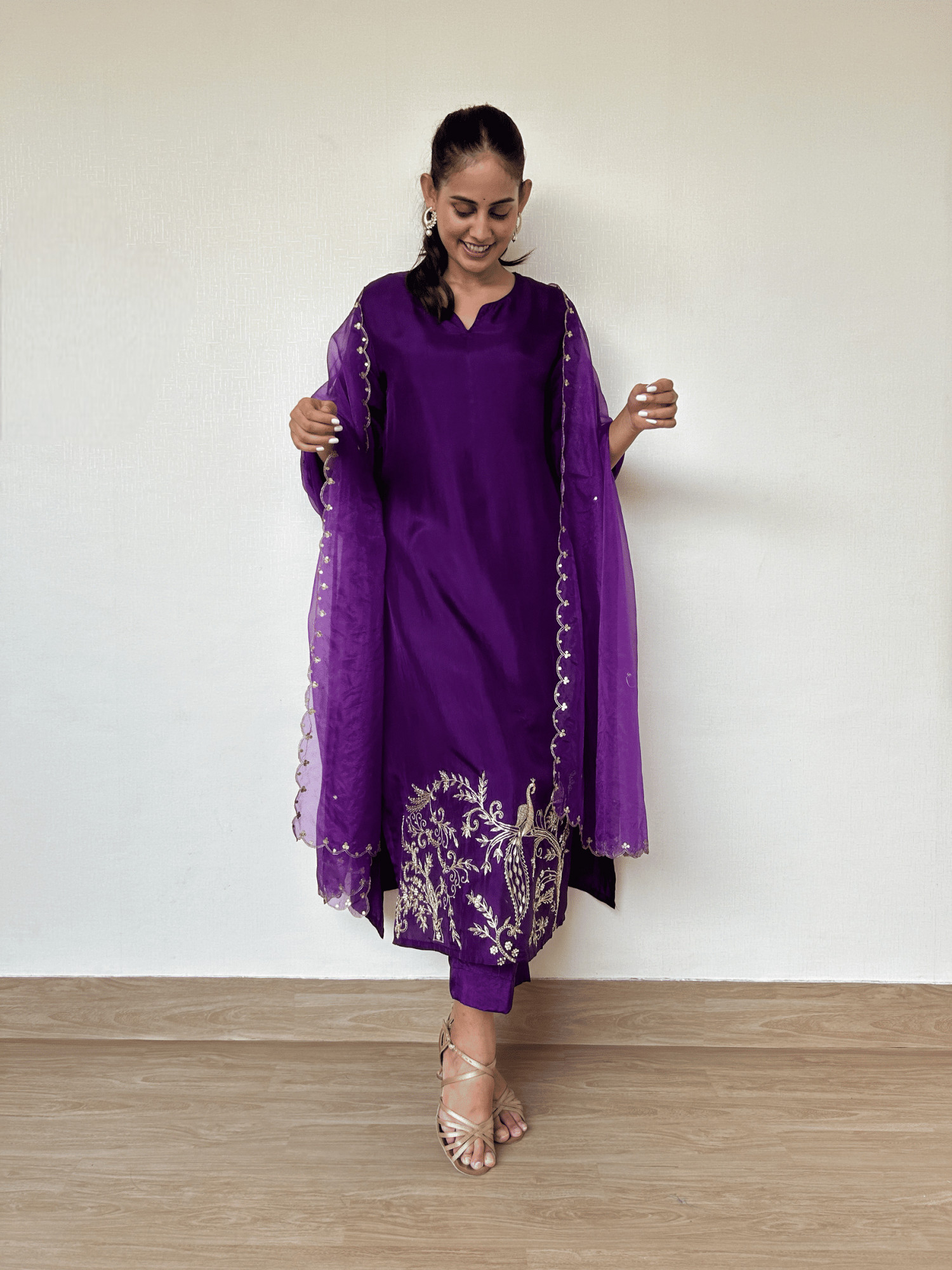 Royal Purple Silk Suit Set with Peacock Embroidery