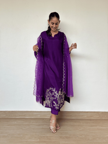 Royal Purple Silk Suit Set with Peacock Embroidery