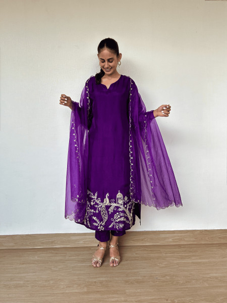 Royal Purple Silk Suit Set with Peacock Embroidery