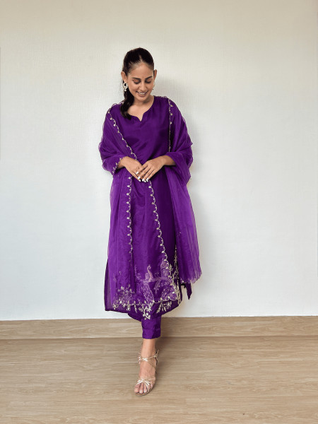 Royal Purple Silk Suit Set with Peacock Embroidery