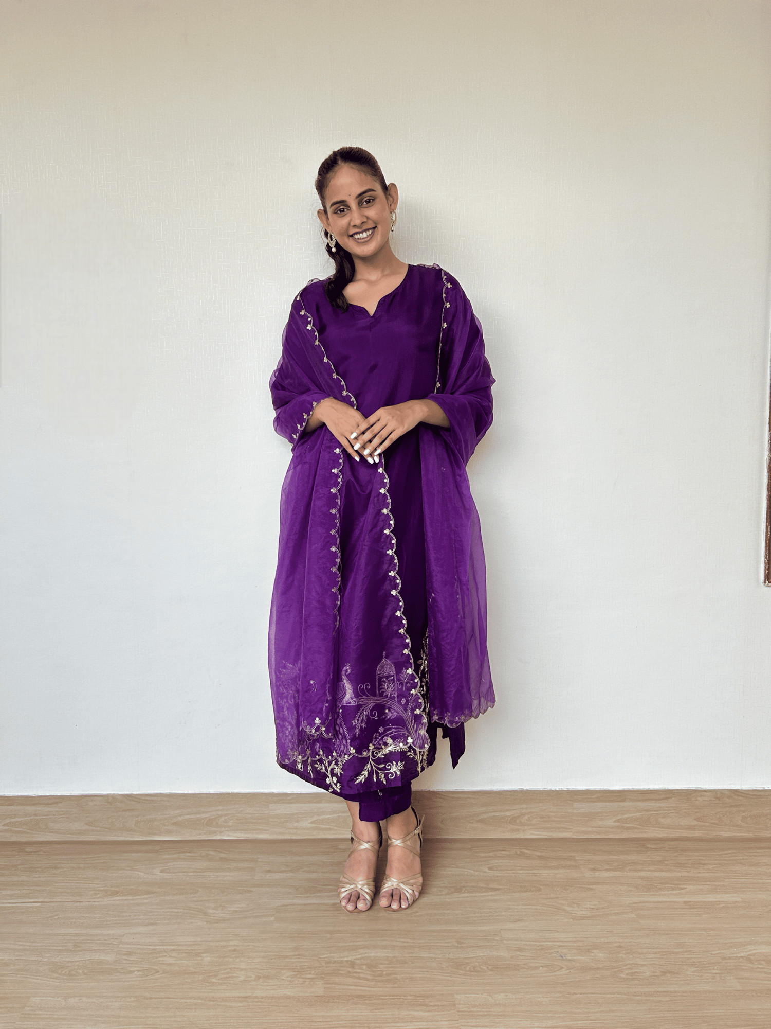 Royal Purple Silk Suit Set with Peacock Embroidery