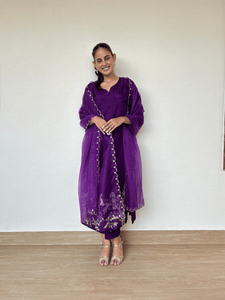 Royal Purple Silk Suit Set with Peacock Embroidery