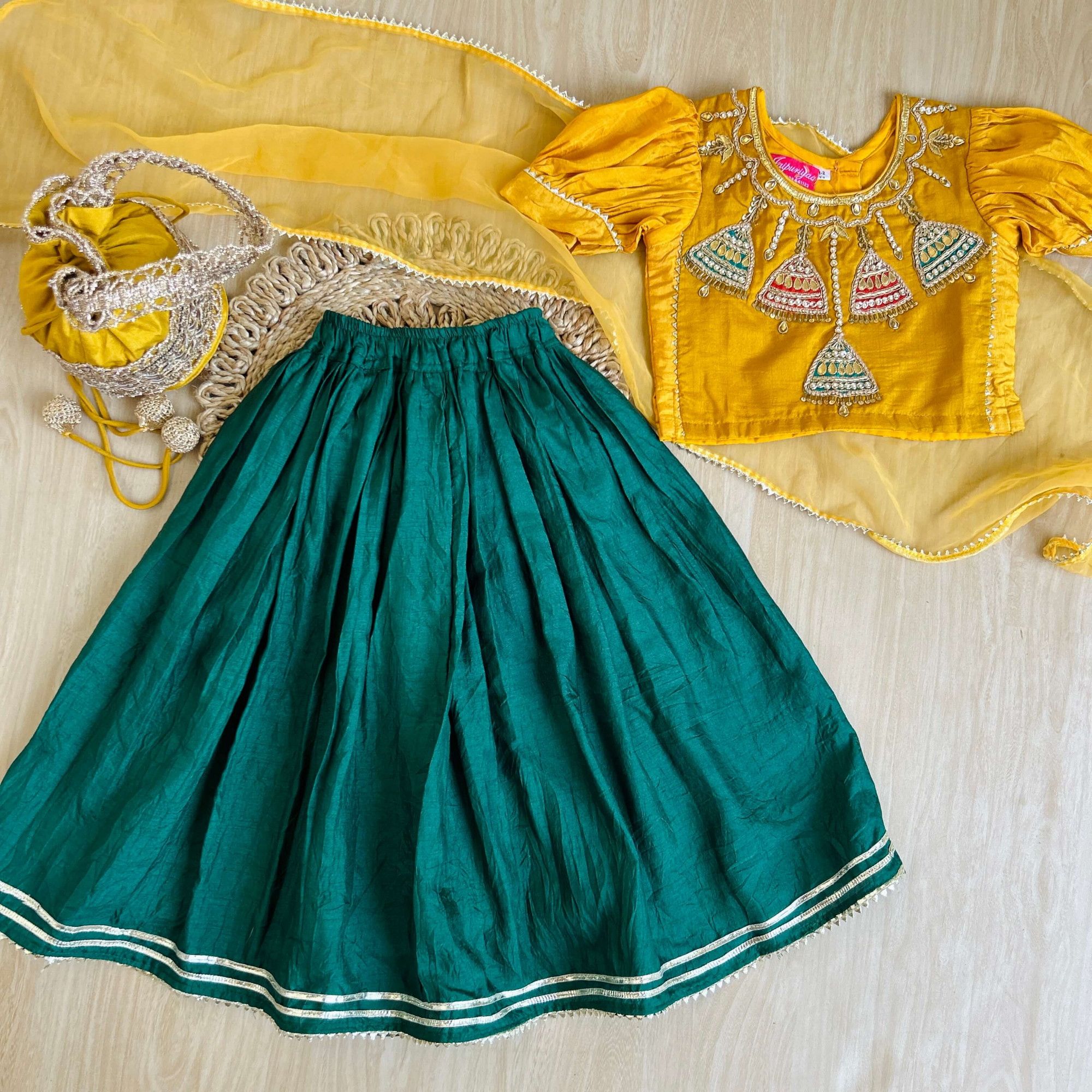 Mustard  Bottle Green Silk Lehenga Set