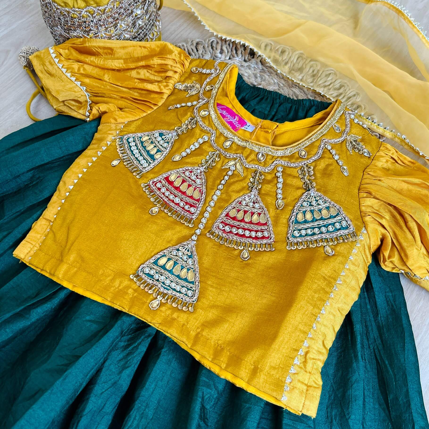 Mustard  Bottle Green Silk Lehenga Set